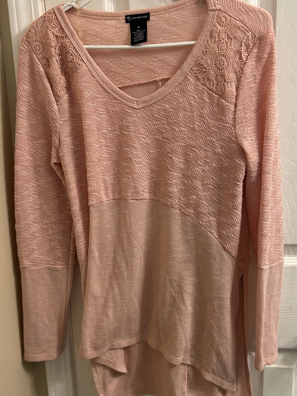 New Directions Blush Pink Lace-Shoulder V-Neck Pullover